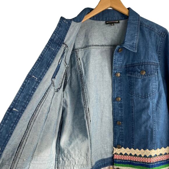 The Pyramid Collection Y2K Denim Jacket Women L Boho Hippie Rainbow Tassel NEW - Picture 4 of 10